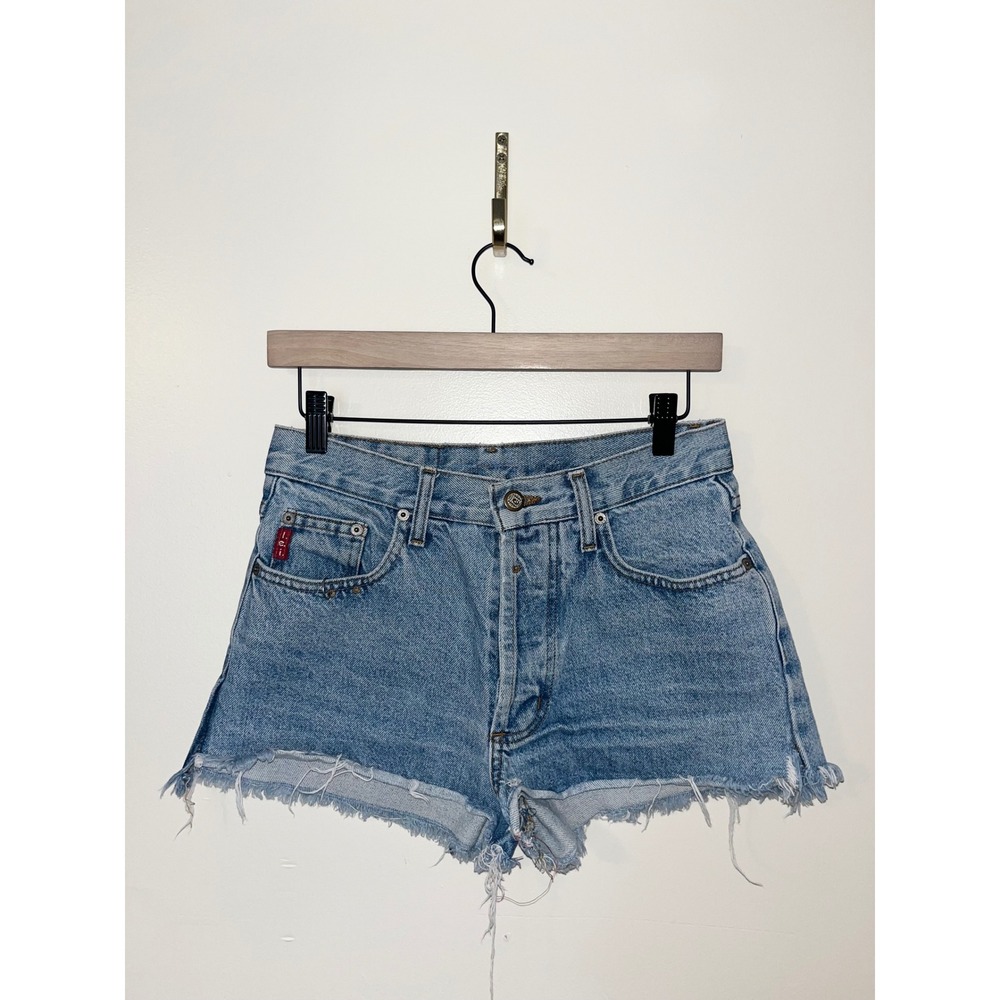LEI Vintage 90s High Waisted Cutoff Denim Shorts Light Wash Button Fly | 7